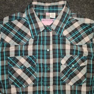 Ransom Ranch Women's Western Pearl‎ Snap Shirt Small Plaid Black Blue Bling
